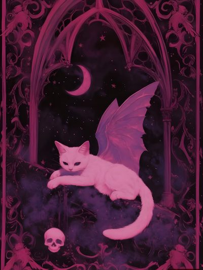 a white cat sitting on top of a table next to a skull and an angel Dark Pink Halloween Pink Spooky Aesthetic, Pastel Goth Cat Art, Faze, Vampire Cat, Pink Goth, dark slate gray