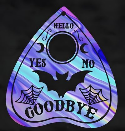 there is a sticker that says hello yes no goodbye with bats and spider webs on it Halloween Planchette Bat Design Spiritual Tool, Bat-themed Ouija Board, Halloween Decoration Ideas, black