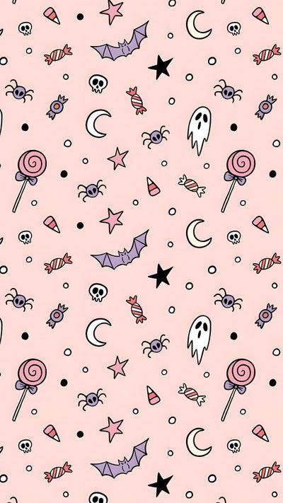 a pink background with lots of different types of candy and bats on it's surface Pink Pastel Halloween Bats Halloween Backgrounds, Holiday, Repeating Pattern Design, Cute Doodles, misty rose