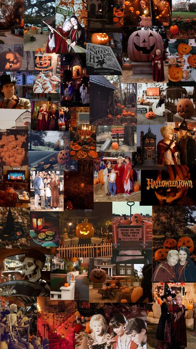 a collage of halloween pictures with pumpkins and people dressed in costumes, including witches Halloweentown Aesthetic Halloween Town 2, Halloween Town Aesthetic, Halloween Town Background, dark olive green