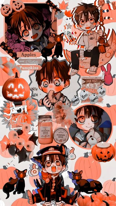 an image of halloween characters with pumpkins and cats on them, all in orange Hanako Halloween Halloween Names, I, Happy Halloween, Halloween, indian red