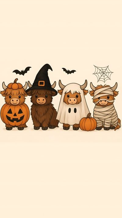 three cows dressed up as witches and one is wearing a ghost costume with two pumpkins Country Halloween Fall Cow, Cow, Halloween Iphone Backgrounds, Halloween Backgrounds, papaya whip