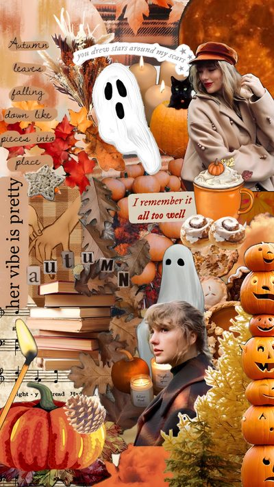 a collage with pumpkins, ghost and other things in the background for halloween Halloween Taylor Swift Vision Board Workshop, Fall Background, Iphone Christmas, Preppy, Taylor Swift, peru