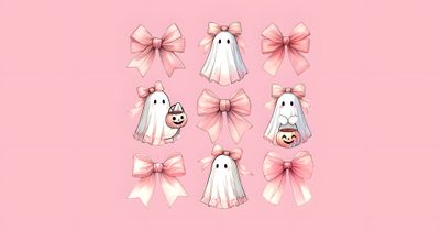 some pink bows with ghost faces on them Coquette Halloween Laptop Pink Halloween Laptop, Pink Halloween Desktop, Pink Halloween Macbook,