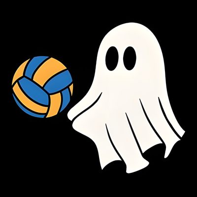 a white ghost holding a volleyball ball in it's mouth Volleyball Halloween Ghost Playing Volleyball, Halloween Volleyball, Halloween Ball, Sheet Ghost, black