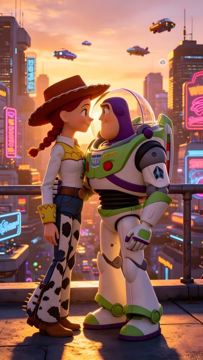 two cartoon characters standing next to each other in front of a cityscape with neon lights Toy Story Halloween Artificial Island, Buzz Lightyear, Toy Story, True Love, Mickey Mouse, dim gray