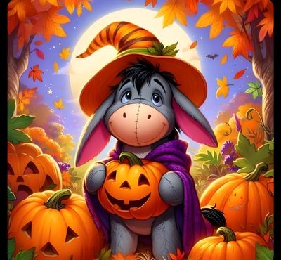 a painting of a donkey wearing a witch hat and holding a jack - o'- lantern Eeyore Halloween Eeyore Thanksgiving, Eeyore Pumpkin, Eeyore Halloween, sienna