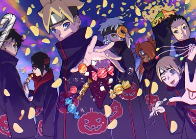 anime characters standing in front of a purple background with confetti falling from the sky Naruto Halloween Boruto Akatsuki, Naruto Halloween Official Art, Naruto Halloween, dark slate blue