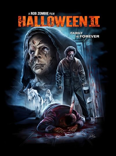 a movie poster for halloween ii starring two zombies and a man with blood on his face Halloween Ii Halloween 2 Rob Zombie Poster, Rob Zombie Halloween Movie, Halloween 3 Rob Zombie, black