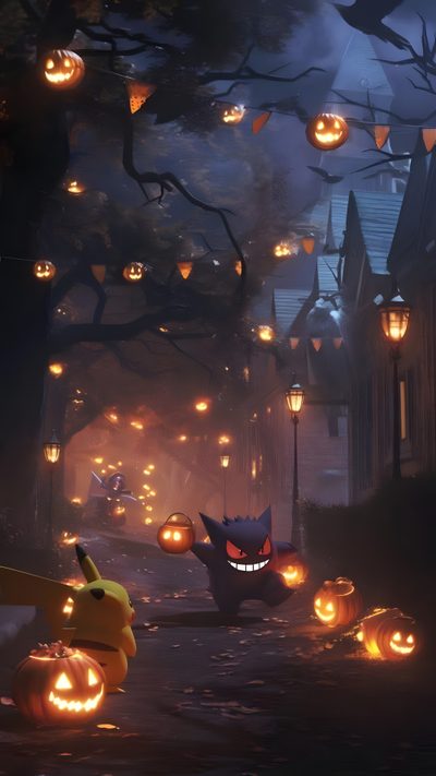 an image of a halloween scene with pumpkins Pokemon Halloween Iphone Pokémon Halloween, Pokemon Halloween Background, Spooky Pokemon Night Scene, dark slate gray