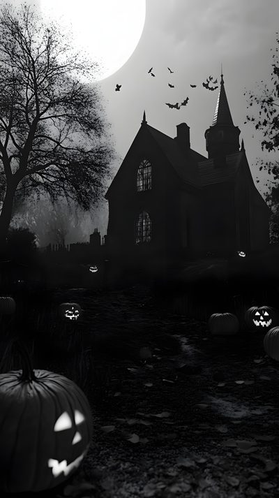black and white photograph of halloween pumpkins in front of a house with bats flying around Black And While Halloween Gothic Halloween Aesthetic, Black Halloween Aesthetic, Halloween Black,