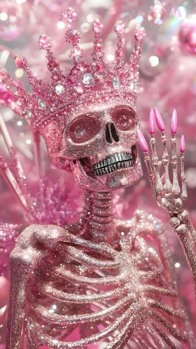 a skeleton with pink nails and a crown on it's head holding up two fingers Pink Baddie Halloween Background Crown, Orishas Yoruba, Halloween Cute, Cute Iphone Tumblr, Witchy, rosy brown