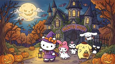 hello kitty and her friends in front of a halloween house with pumpkins on the ground Hello Kitty Halloween Ipad Halloween Backgrounds, Halloween, Backgrounds, Hello Kitty, Kitty, dim gray