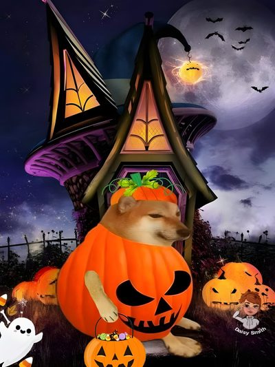 a dog sitting in front of a house decorated for halloween Shiba Inu Halloween Halloween Dog Hd, Cheems Meme, Cheems Doge, dark slate gray