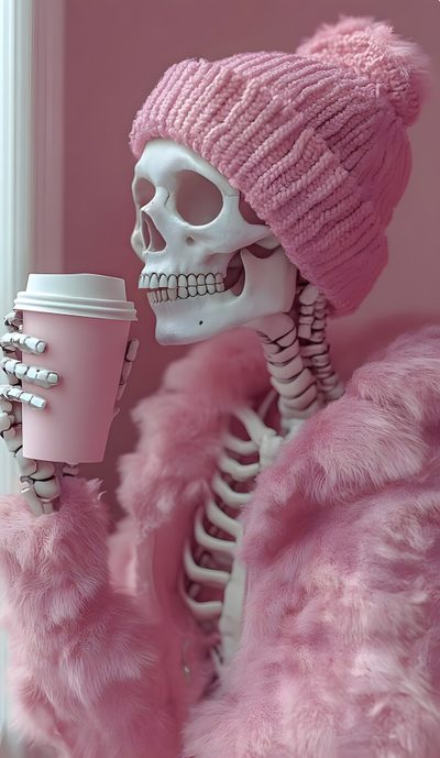 a skeleton holding a cup of coffee in its right hand and wearing a pink hat Pink Halloween Skeleton Pink Skull, Pink, gray