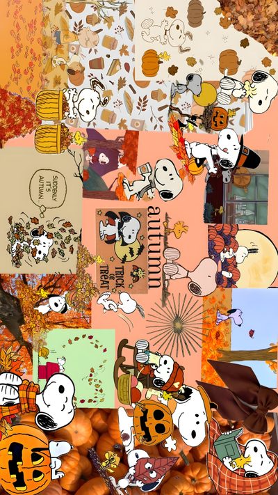 a collage of pictures with pumpkins and other things on it's surface Snoopy Halloween Laptop Summerween Desktop, Halloween Ipad, Aesthetic Fall Desktop, dark salmon
