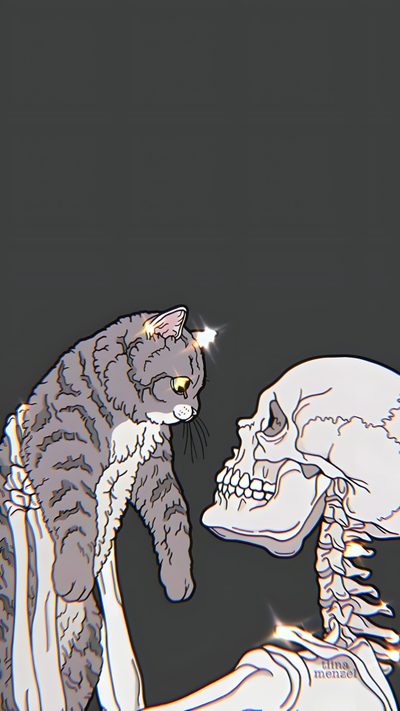 a cat sitting on top of a human skull next to a skeleton holding it's head Kitty Skeleton Halloween Cats Scary Cat Background, Cat Skull, Black Cat And Skull, dark slate gray