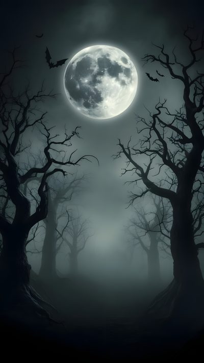 a dark forest with trees and a full moon in the sky Full Moon Halloween Forest With Moon, Moon In The Forest, Spooky Moon, Spooky Night Sky, dark slate gray