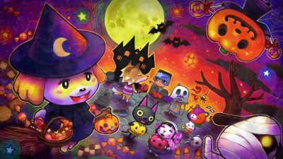 an image of a cartoon halloween scene with cats and pumpkins on the ground, including a witch's hat Animal Crossing Halloween Scary Painting Animal Crossing, Animal Crossing Fall, Animal Crossing Halloween Painting Design, saddle brown