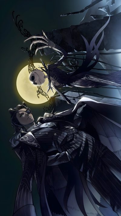 an image of a woman holding a bird in front of a full moon Twisted Wonderland Halloween Oogie Boogie Twisted Wonderland, Boogie Man Jack, Leona Kingscholar Halloween, black
