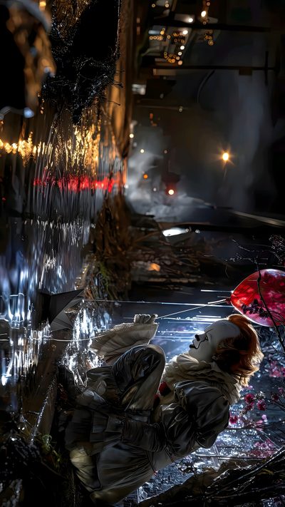 a woman is laying on the ground in front of an umbrella and water fountain at night Juvea Halloween 4k Pennywise Horror, Pc 4k Horror, Pennywise 4k, 2160x3840 Hd, Pennywise, black