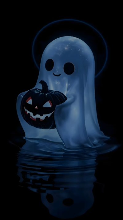 a ghost with a pumpkin in its mouth floating in the water at night, wearing a hat Halloween Live Android Halloween Live, Halloween Backgrounds, Halloween Cute, Beautiful Dark Art, black