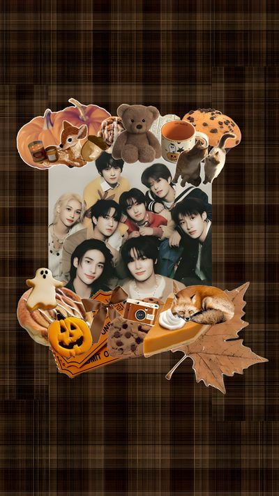 a collage of people and pumpkins on a plaid background Skz Halloween Aesthetic, Profile Picture, Autumn Aesthetic, dark slate gray
