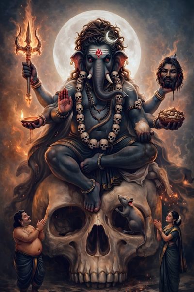 an image of the hindu god sitting on top of a skull Ganesh Halloween Aghori Ganesh, Aghori Ganpati, Ganpati Bappa, Ganesha Drawing, dark slate gray