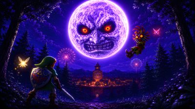 the legend of zelda in front of a full moon Legend Of Zelda Halloween Zelda Majoras Mask, Link Zelda, Majoras Mask, Pc, Legend Of Zelda, midnight blue