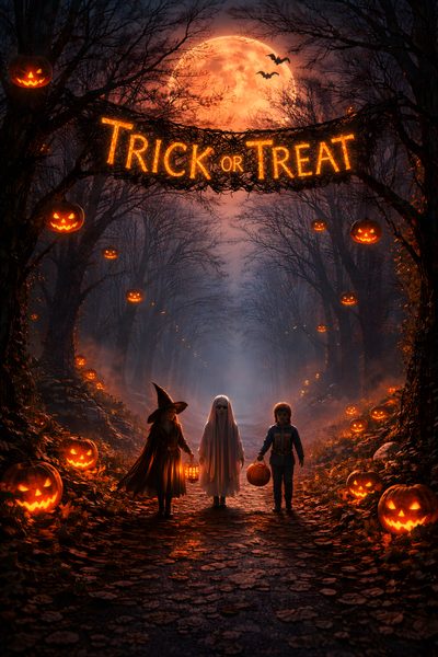 the poster for trick or treat features two children dressed as witches and jack - o'- lanterns Halloween Trick Or Treat Trick Or Treating, Happy Halloween Gif, Haunted Carnival, Pumpkin, black