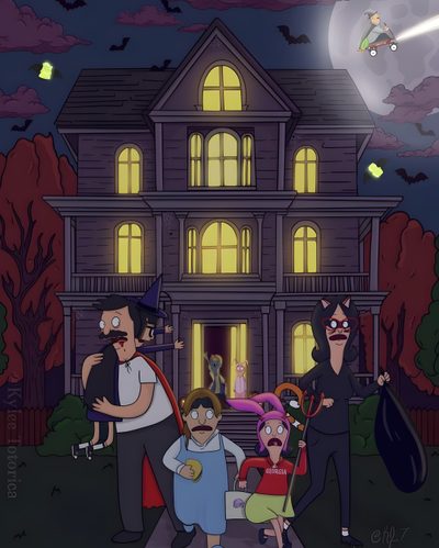 family in front of halloween house at night Bobs Burger Halloween Bobs Burgers Fall, Bobs Burgers Thanksgiving, Bobs Burgers Halloween Episodes, dark slate gray