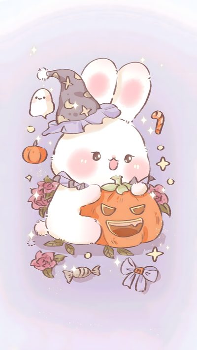 a cartoon bunny holding a pumpkin and wearing a witches hat with other characters around it Cute Bunny Halloween Bad Bunny Halloween, Halloween Bunny, Cute Kawaii Halloween, lavender