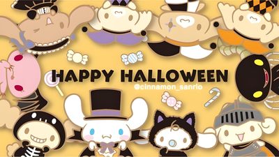 a group of cartoon characters with the words happy halloween Cinnamoroll Halloween Laptop Halloween Cinnamon Roll Sanrio, Spooky Sanrio Characters, Sanrio Halloween Stickers, burlywood