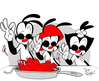 three cartoon characters are cooking hot dogs in a frying pan with their hands up Halloween Animaniacs Wakko Warner, Animaniacs Logo Deviantart, Hermanos Warner Bros Animaniacs Tattoo Ideas, white