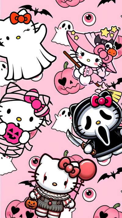 the hello kitty wallpaper is pink and has lots of different characters on it's surface Pink Hello Kitty Halloween Spooky Hello Kitty, Pink Hello Kitty, Halloween Backgrounds,