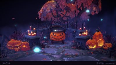 an animated halloween scene with pumpkins and lights World Of Warcraft Halloween Warcraft Fall, World Of Warcraft Halloween, Old Glory Ghost Town Map, midnight blue
