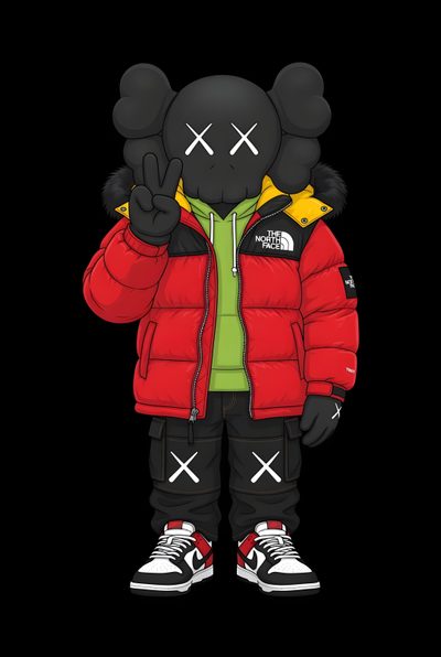 a black bear wearing a red jacket and green shirt, standing in front of a black background Halloween Kaws Sneakers, Nike Logo, Calligraphy Doodles, Kaws, Hypebeast, Art Toys Design, black