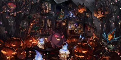 an animated halloween scene with pumpkins and cats Pokemon Halloween Computer Pumpkaboo, Pokemon Halloween Desktop, Pokemon Halloween Scene, black