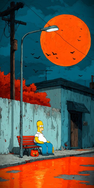 the simpsons sitting on a bench in front of a building under an orange sky with birds flying over it Simpsons Halloween 4k The Simpsons Horror, Mobile Android, Trippy Iphone, Sunflower Crafts, dark slate gray