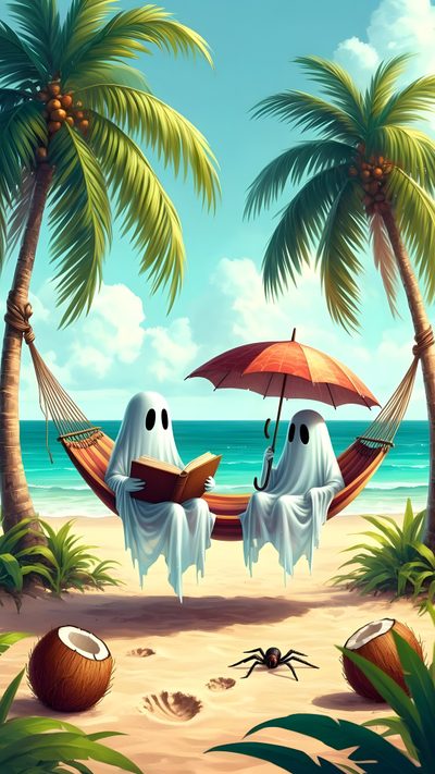 two ghostes sitting in hammocks on the beach under palm trees with an umbrella Halloween Tropical Ghost On Vacation, Spooky Summer, Summerween Iphone, Summerween, dark sea green