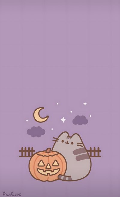 a cat sitting next to a jack - o'- lantern on a purple background Cute Cute Purple Halloween Pusheen Background Fall, Pusheen Fall, Pushers Halloween, dark gray
