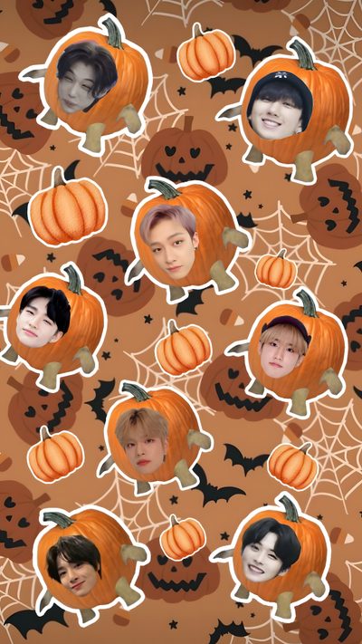 an orange background with many pictures of people in pumpkins and spiderweavers Halloween Skz Kpop Demon Hunters Pumpkin Pattern, Saja Boys Halloween, Bts Thanksgiving, Halloween Skzoo, peru