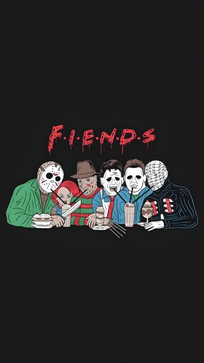 three people wearing masks and holding drinks with the words friends written on them in red Halloween Horror Friends Halloween Horror Characters, Friends Horror, Horror Characters Iphone, black