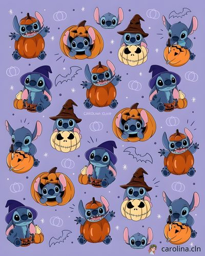stitchers with pumpkins and jack - o'- lanterns on them, all in different colors Stitch Halloween Iphone Kawaii Kawaii Cute Stitch Halloween, Stitch Fall Background, Stitch Halloween For Ipad, dark gray