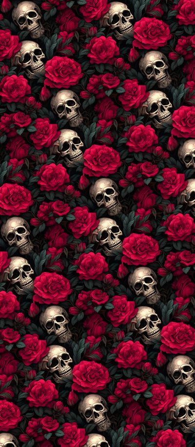 a bunch of skulls and red roses on a black background with the same color scheme Halloween Skulls Skull, Roses And Skulls, Skull Iphone, Roses And Skull, Background Skull And Flowers, black