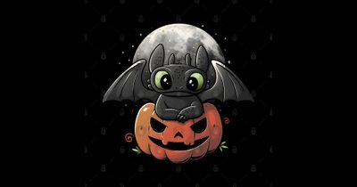 a bat sitting on top of a pumpkin in front of a full moon with bats around it Toothless Halloween Toothless Dragon, Headless Horseman Disney, Disney Trick Or Treat Cartoon, black