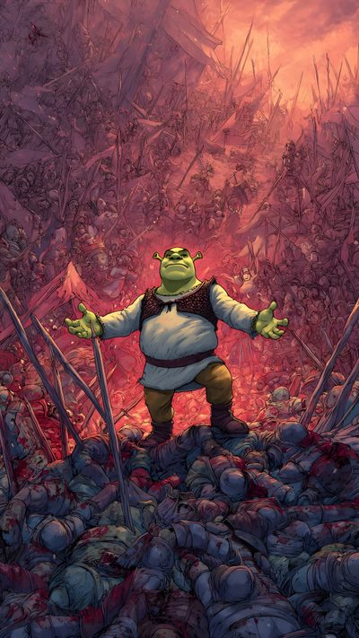 a cartoon character standing in the middle of a pile of rocks and grass with his arms outstretched Halloween Shrek King On Throne, Locked, Cartoon Memes, Cartoon Movies, Shrek, dim gray
