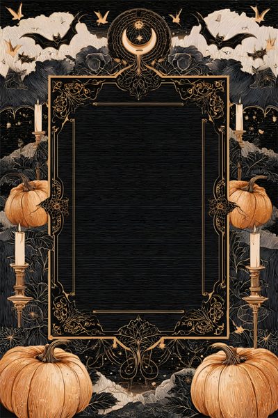 a black and gold frame with pumpkins on it in front of an ornate background Black And Gold Halloween Halloween Background For Invitation, Spooky Invitation Background, Gold Halloween Background,