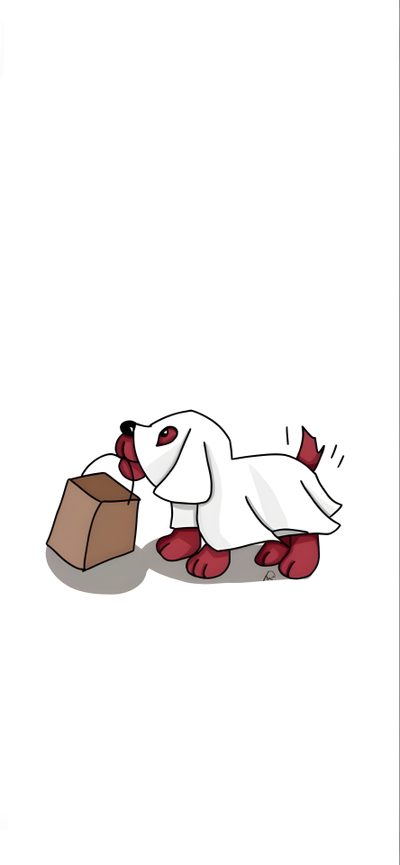 a white dog is laying on its back with a box in it's mouth Clifford Halloween Clifford The Big Red Dog Little Clifford, Speckle Clifford, Dog Ghost, white