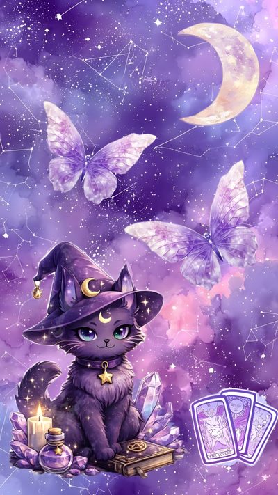 a cat wearing a witches hat sitting on top of a table next to some cards Halloween Purple Cats Custom Cats Purple, Cute Magic Cat, Magical Decor, Magic Cat, Witch Cat,